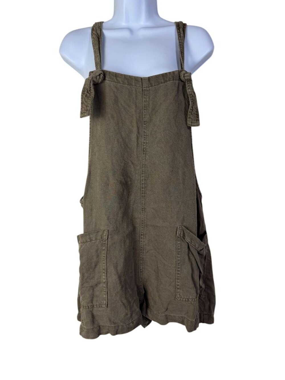 Aerie Olive Green Overalls Romper Pockets Women Medium Linen Lyocell Hippie Boho
